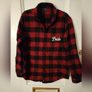 Bride and Bride Tribe Buffalo plaid wedding party shirts